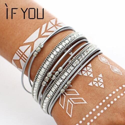 IF YOU Multilayer Silver Color Leather Bracelets Bangles Fashion Charms Crystal Bracelets For Women Men Special Bracelet Jewelry