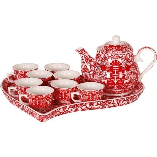 Chinese Wedding Ceramic Tea Pot Set Traditional Teacup Happiness Red Teapot Heart-shaped Tray Set Teaware Marriage Celebration
