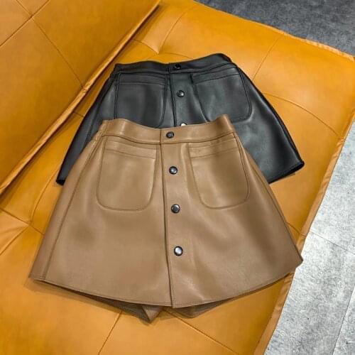 Short mini skirts womens 2021 korean fashion genuine leather skirts ladies pocket elastic waist A line women skirt