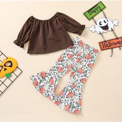 Girl’s T-shirt and Trousers Suit Fresh Solid Color Long Sleeve Tops and Pumpkin Trumpet Pants