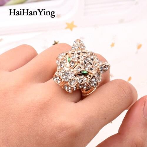 Leopard Head Studded with Rhinestone Unisex Adjustable Animal Ring Exaggerated Punk-style Luxury Jewellery for Women