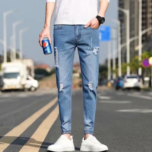 Hot 2020 Denim Ripped jeans mens summer thin brand ankle length pants Korean style slim ripped hole spring autumn mens pants