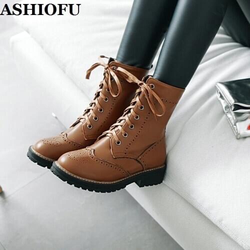 ASHIOFU Handmade Hot Sale Womens Block-heels Boots Thick-sole Party Martin Boots Crisscross Shoelace Winter Fashion Ankle Boots