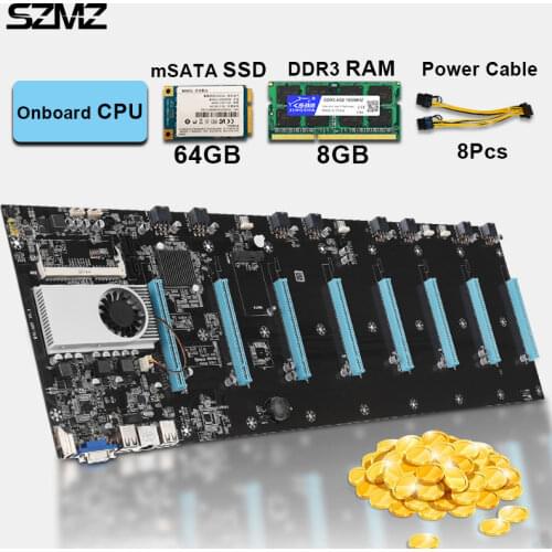 8 Graphics ETH Mining Motherboard Kit with Onboard CPU + mSATA SSD 64GB + DDR3 RAM 8GB set Cryptocurrency Miner Mining Combo