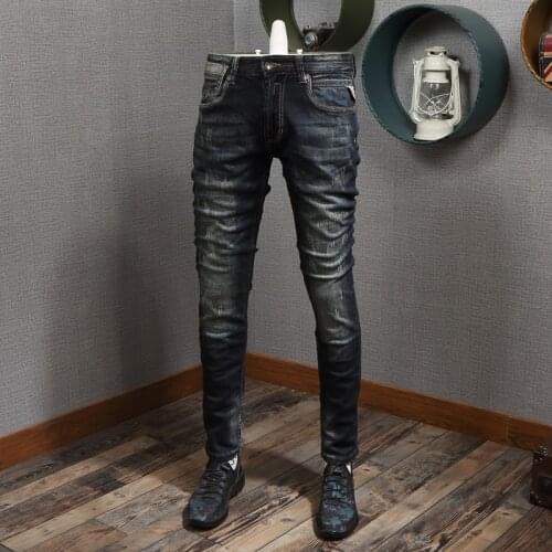 Italian Style Fashion Men Jeans High Quality Retro Black Blue Casual Slim Ripped Jeans Men Vintage Designer Cotton Denim Pants