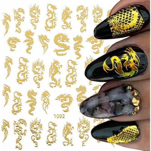 Snake Dragons Design Nail Art Stickers Black Gold Snake Sliders DIY Adhesive Transfer Decals Nail Art Tips Decorations Manicure
