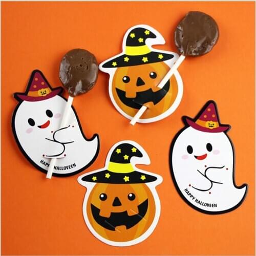 2019 New 50 pcs DIY Cute Pumpkin Ghoest Devil Candy Decorations Paper Cards Message Lollipop Cards Halloween Gift