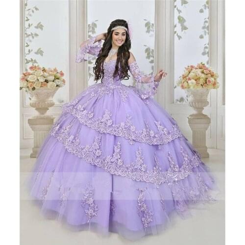 Charming Light Purple Quinceanera Dresses Lace Applqiues Sweet 16 Dress Long Sleeve vestidos de 15 años 2021 Lavender