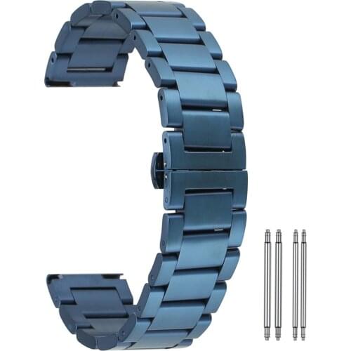 Butterfly Buckle 18/20/22/24mm Blue Solid Stainless Steel Watch Strap Push Button Hidden Buckle Straps