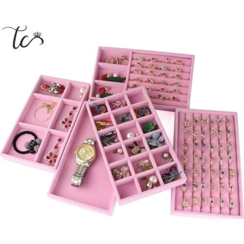 Pink Suede Ring Earrings Tray Necklace Holder Organizer Jewelry Display Stand Rack Showcase Plate Jewelry Box