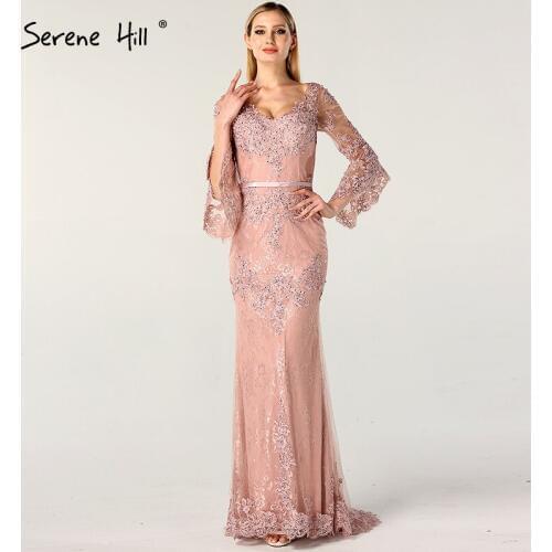 Pink Lace Diamond Long Sleeves Evening Gowns Long V-Neck Sexy Evening Dress For Women 2020 Serene Hill LA60710
