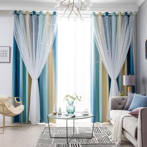 Gradient Hollow Star Double Layer Modern Blackout Curtains Light Heat Insulation Bedroom Curtain For Living Room Kitchen