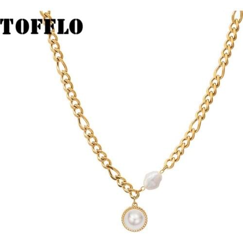 TOFFLO Stainless Steel Jewelry Encrypted Neckchain Imitates Freshwater Pearl Punk Clavicle Chain BSP962
