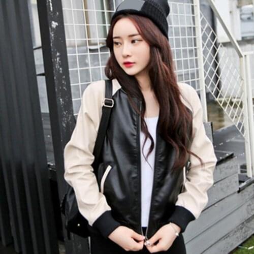 Women Faux Leather Jacket Long Sleeve Color Contrast Zipper Pockets Short Coat Warm Keeping Lightweight Outerwear