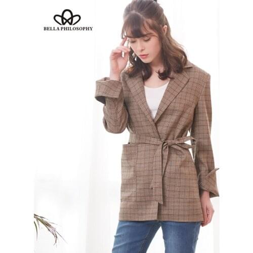 Herstory Au Women Vintage Jacket Long Split Sleeve Bow Sashes Female Plaid Jacket Loose Office Lady Feminino