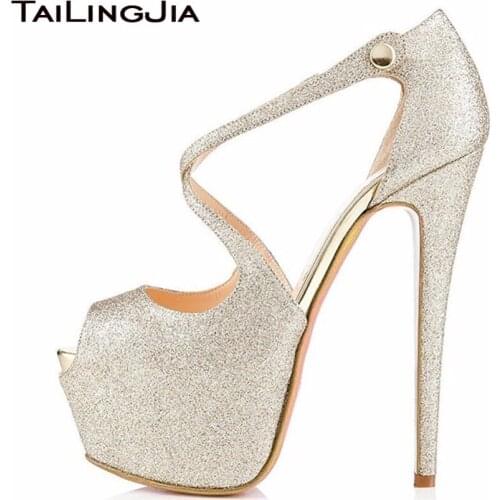 Women Hot High Heel Peep Toe Platform Pumps Strapy Buckle Ladies Shoes White Shiny Glitter Ladies Shoes Stilettos Large Size 46