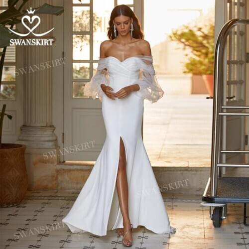 Satin Mermaid Wedding Dress 2021 Beach Sweatheart Long Sleeve Vestido De Novia Princess SwanSarah M050 Plus Size Bridal Gown
