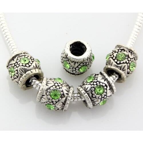 20pcs/ Lot Vintage Silver Color Big Hole Beads Inlay Crystal Fit European Charm Bracelet Jewelry DIY EE80