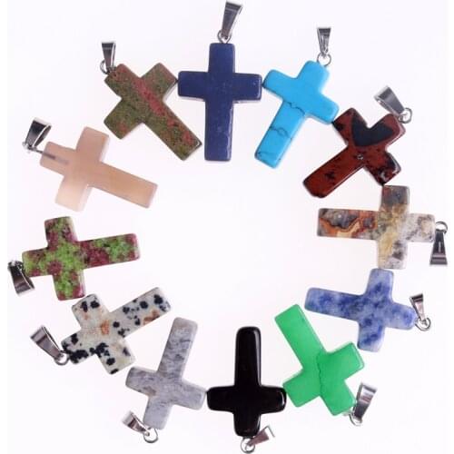 50pcs Natural Stone Cross Spirit Quartz Crystals Pendant Natural Gem Stone Charm Jewelry Making Necklace Chakra Energy Pendulum