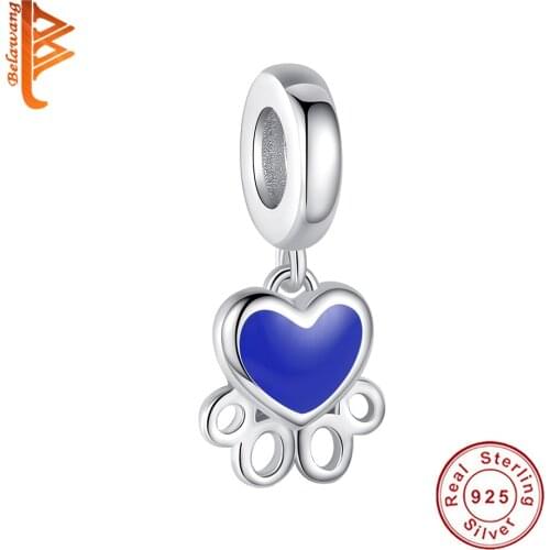 BELAWANG Real 925 Sterling Silver Charm Blue Enamel Dog Footprint Bead Fit Original Bracelet Party Gift Fashion Jewelry
