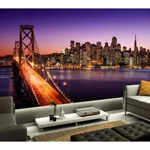 Custom large mural,Skyscrapers Bridges Rivers Houses Night city modern wallpaper design,living room tv wall bedroom wallpaper