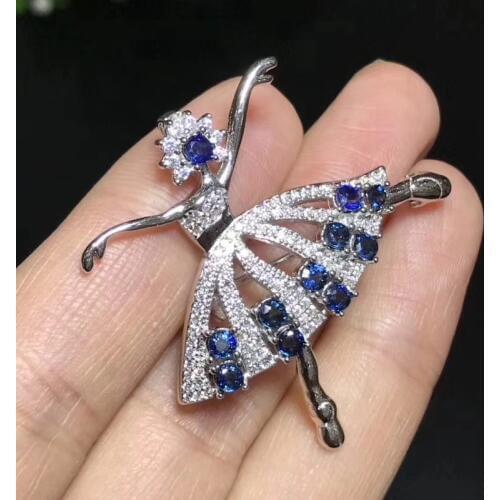 Natural blue sapphire Elegant Graceful lovely dancing girl brooch Pendant natural gemstone brooch S925 silver women gift jewelry