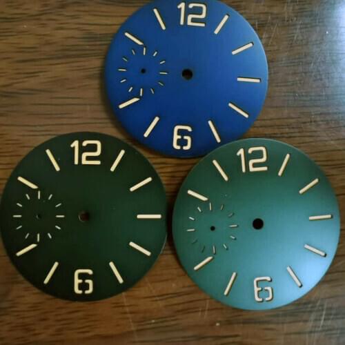 38.5mm black blue green watch dial green luminous for ETA 6497 St3600 movement