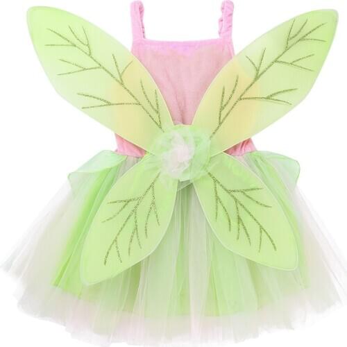 Kids Sleeveless Mesh Dress Glittery Wings Set Children Girls Princess Fairy Costume Halloween Anime Elves Cosplay Party Dress Up
