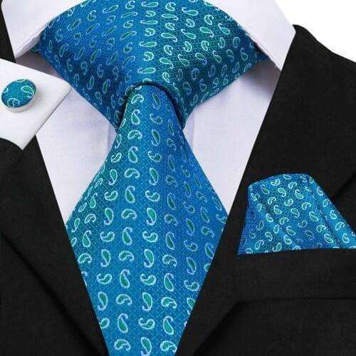 Hi-Tie 8.5cm Wide Fashion Blue Paisley Silk Ties for Men Neck Tie Pocket Square Set 2019 Wedding Party Business Blue Ties C-3046
