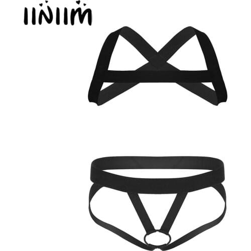 Men Two-piece Lingerie Set X-Shape Back Elastic Shoulder Chest Harness Belt with O-ring Crotchless Jockstrap G-string Underwear