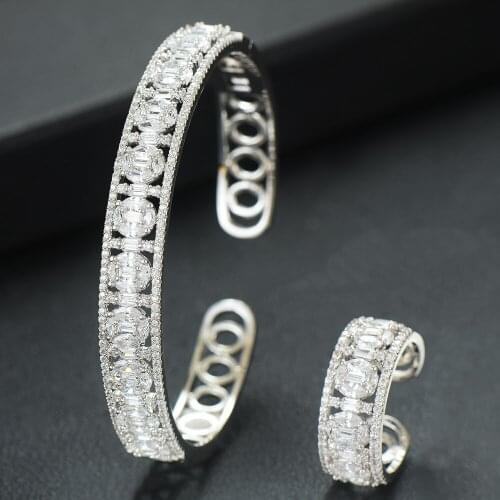 LARRAURI Exquisite Deluxe Full Cubic Zircon Bangle Cuff Bracelet Ring Geometry Saudi Arabia Wedding Bracelet Ring Jewelry Sets