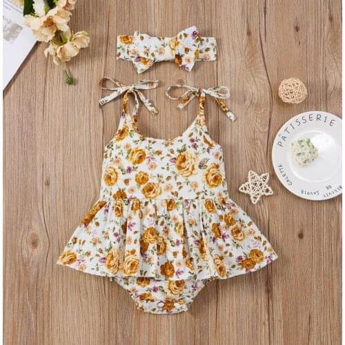Baby Girls Summer Bodysuits Outfits Cute Self Tie Strap Sleeveless Floral Tutu Romper with Headband Set