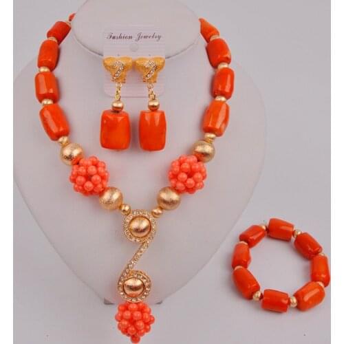 Fashion Orange Nigerian Coral Beads African Wedding Coral Necklace Jewelry Set 12-G-01