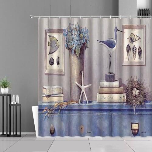 Starfish Wood Grain Shower Curtains Shell Fish Dolphin Seaside City Blue Sea Scenery Bathroom Curtain Home Decor Cloth Screen