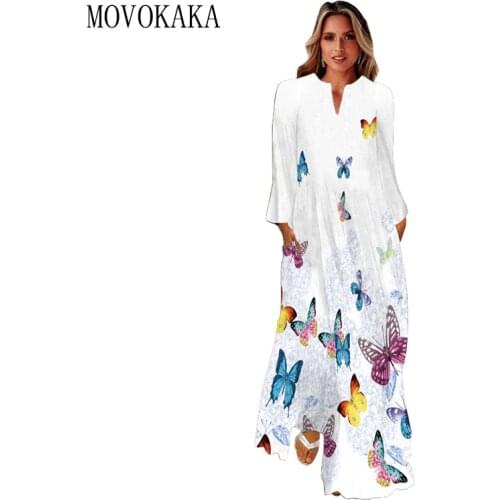 MOVOKAKA 3D Butterfly Printed White Dress 2021 Long Sleeve Autumn Breathable Casual Dresses Woman Elegant Girls Long Dress Women