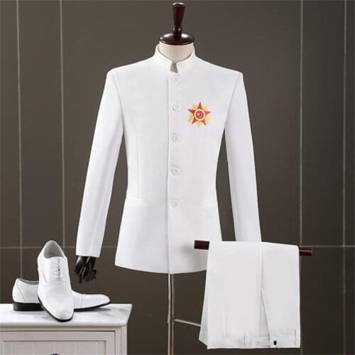 Mens Chinese tunic suits embroidery chorus blazer femenino блейзер мужской costume stand collar white host singer clothes white