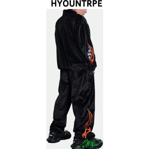 2 Pieces Set Men Embroidery Velvet Zipper Jacket and Elastic Waist Loose Straight Pants Sweatsuit Hip Hop Tracksuits Sweatsuit