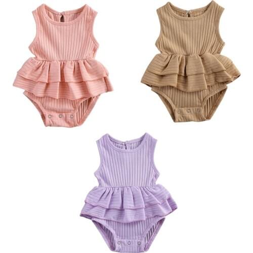 0-24M Summer Baby Girls Romper Toddler Kids Baby Girls Ribbed Knitted Sleeveless Ruffles Romper Jumpsuits One-Pieces Outfits
