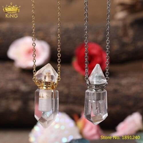Natural White Quartz Crystal Stone Healing Perfume Bottles Pendant Necklace Fashion Women Essential Oil Diffuser Chakra Jewelry