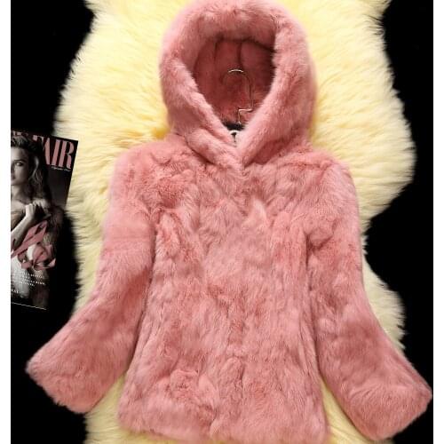 Long-sleeve full pelt real rabbit fur coat slim with a hood women