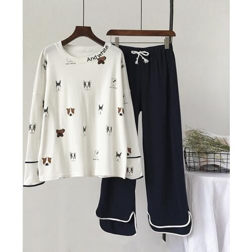 New 100% Cotton Long Sleeved Ladies Pajamas Set Pyjamas for Women Pijama Mujer Cartoon Dog Print Sleepwear Homewear Nightgown