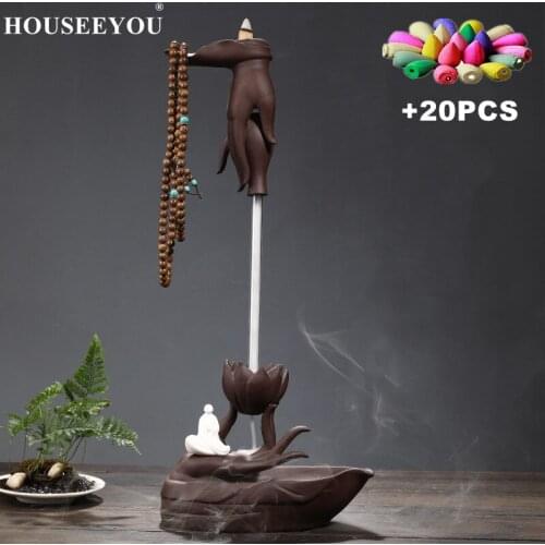 +Gift Purple Clay Backflow Incense Burner Zen Monk Buddha Hand Lotus Sandalwood Furnace Aromatherapy Censer Creative Ornaments