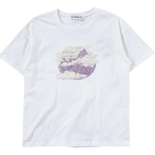 Dreamy purple mountain cloud print Japanese girl simple loose wild o neck short-sleeved T-shirt