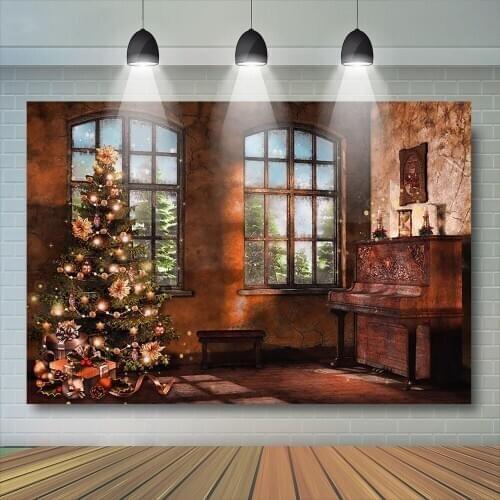 Christmas Tree House Retro photography Backdrop Piano Gift Photo background Window Background for photo studio