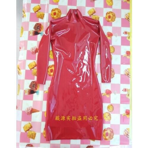 Sexy Women Long Red Latex Fetish Tight Dress Rubber Maid with Back Zipper Custom