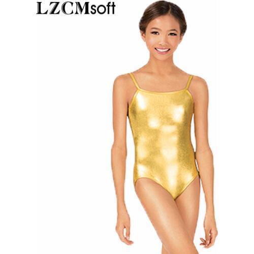 LZCMsoft Gold Girls Spaghetti Straps Shiny Metallic Dance Leotard Childrens Camisole Leotards Backless Ballet Tops Wear Toddlers