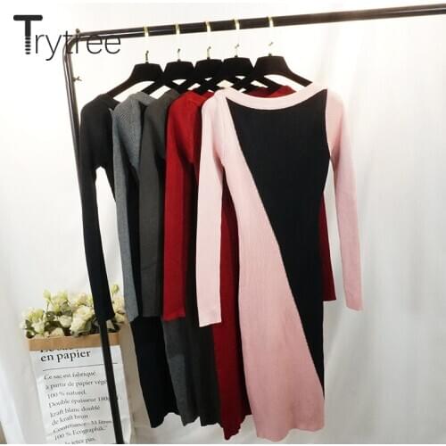 Trytree 2020 Spring Women Dress Casual O-neck 5 Colour knitting Patchwork Slim fit Fashion Office Lady All-Purpose Style Dress