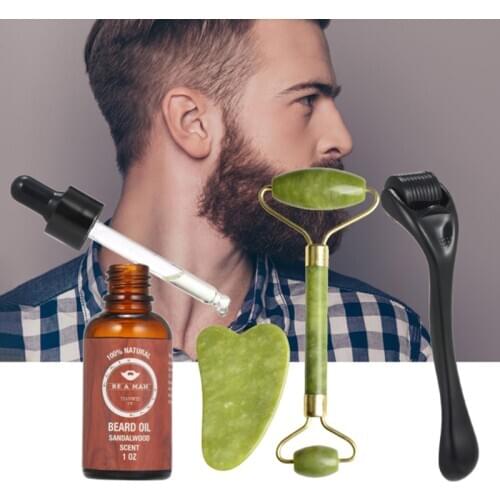 High Quality 4 in 1 Derma Massager/ Jade Roller / Beard Oil Kit Man Gua Sha Facial Tool Set for Father Day