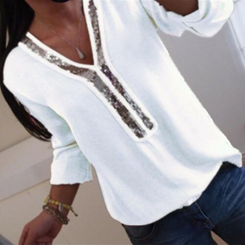 Women Sequin V Neck Long Sleeve Tops Women Casual Chiffon T-Shirt Pullover Plus Size 2019 New