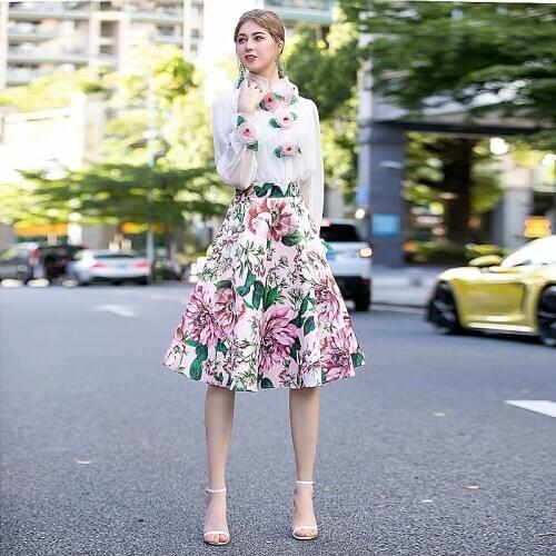 Designer New High Quality 2020 Summer Party Casual Rose Flower Appliques Chiffon Tops Print Half Skirt Elegant Chic WomenS Sets